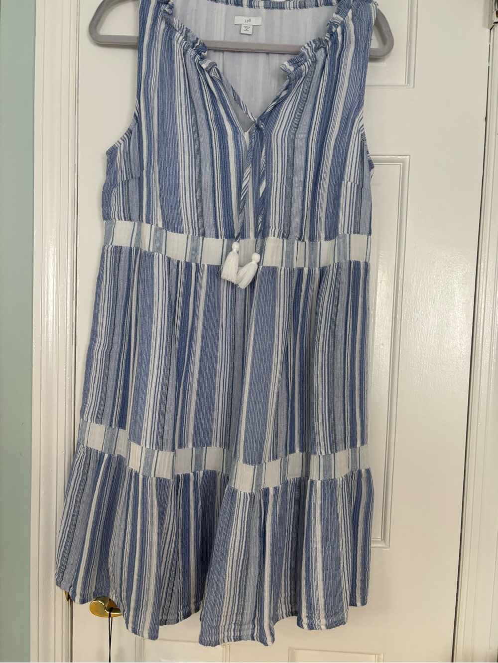 J. Jill Blue and White Striped Sleeveless Tassel Tiered Dress